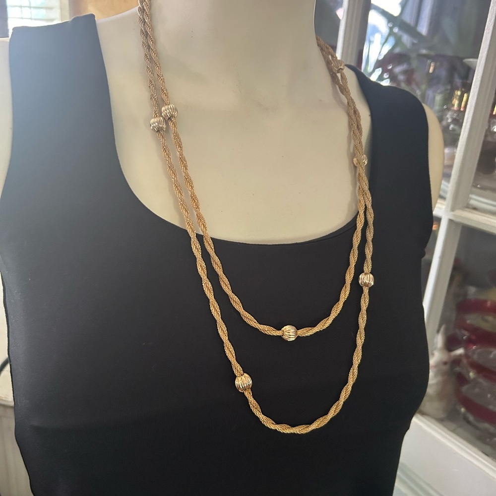 Vintage Flapper Length Twisted Gold Mesh Necklace